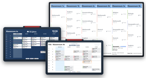 Übersichtsmonitor mit Raumbelegung und zwei digitale Türschilder von SmartSign Class mit Stundenplänen aus Untis